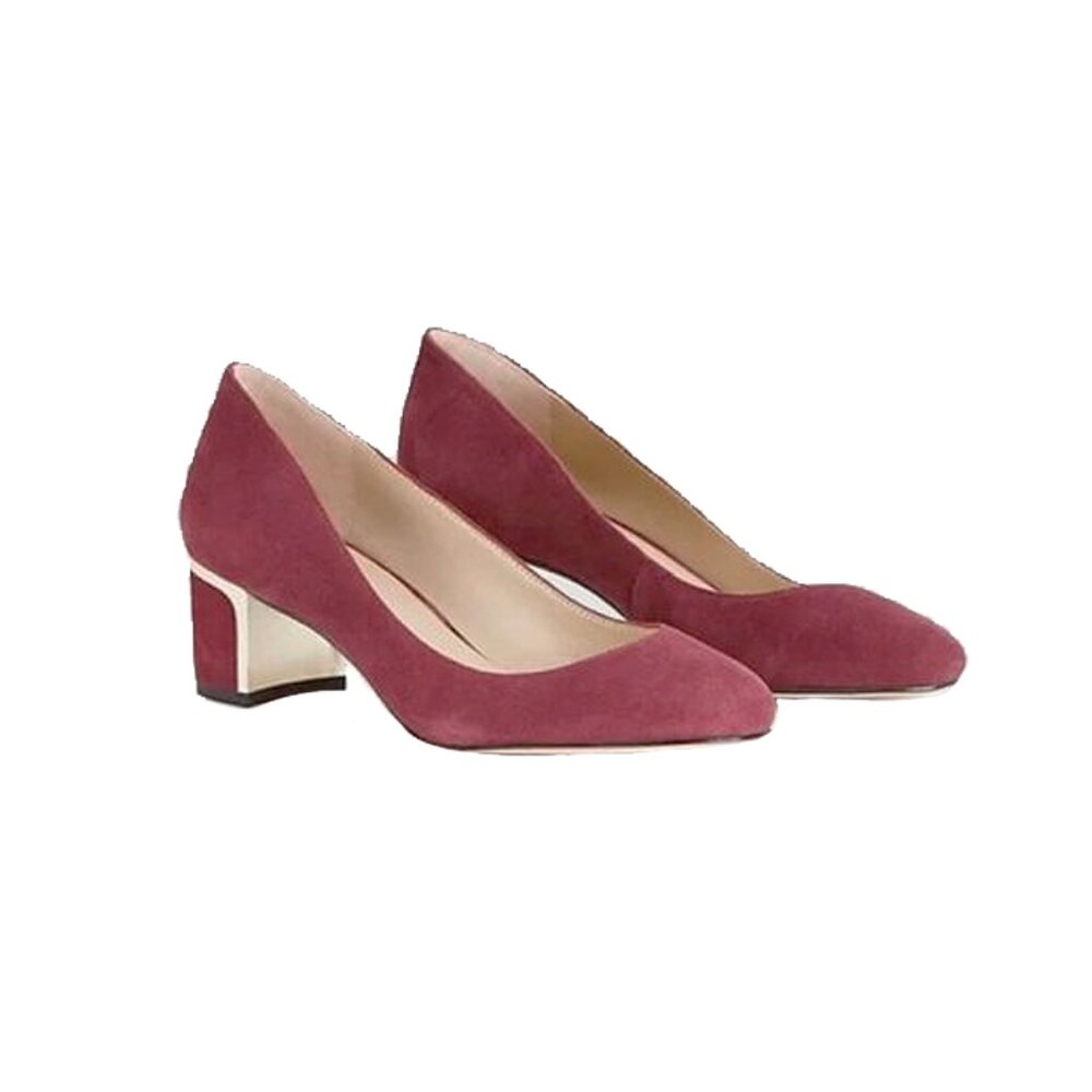 ann taylor | burgundy wine suede round toe gold trim block heel classic pumps